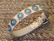 Leather Dog Collar with Silver Plated Circles Blue Stones