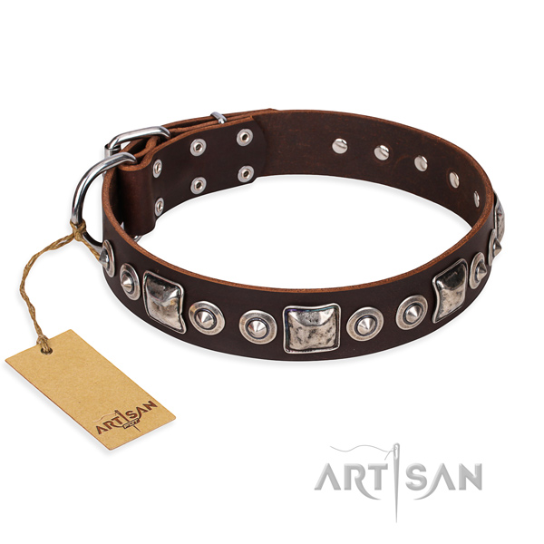 Full grain natural leather dog collar made of top rate material with reliable fittings