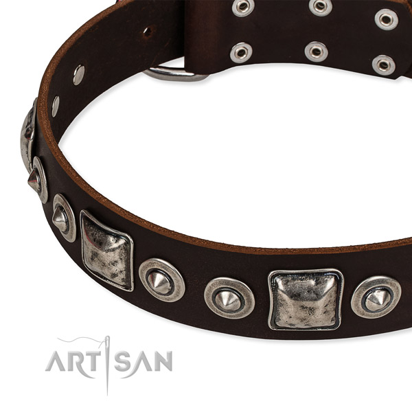 Genuine leather dog collar made of flexible material with adornments
