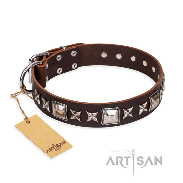 Handy use dog collar of top notch natural leather with decorations