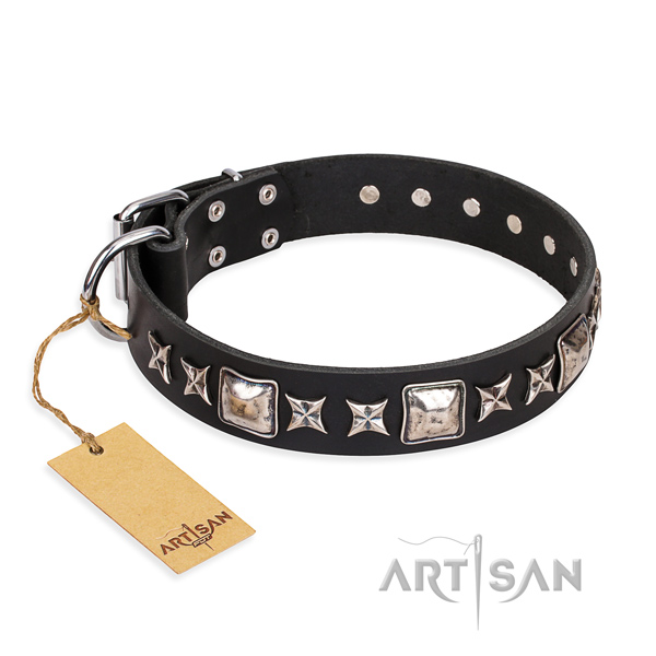 Comfy wearing dog collar of top quality genuine leather with decorations