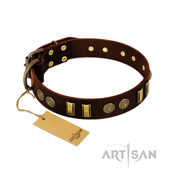 Reliable traditional buckle on natural leather dog collar for your pet