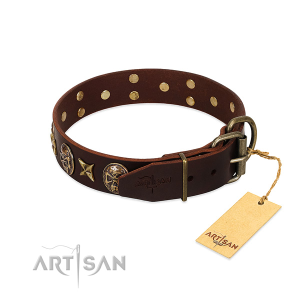 Full grain genuine leather dog collar with durable fittings and decorations