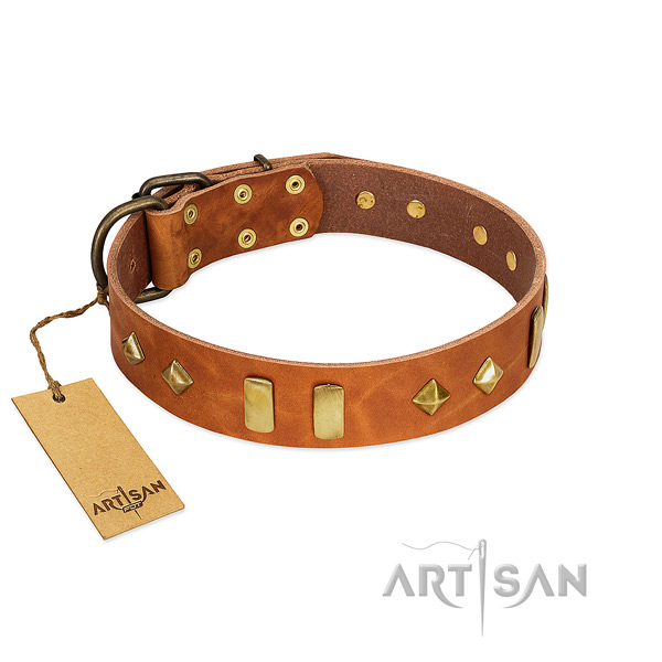 Daily walking soft genuine leather dog collar with decorations