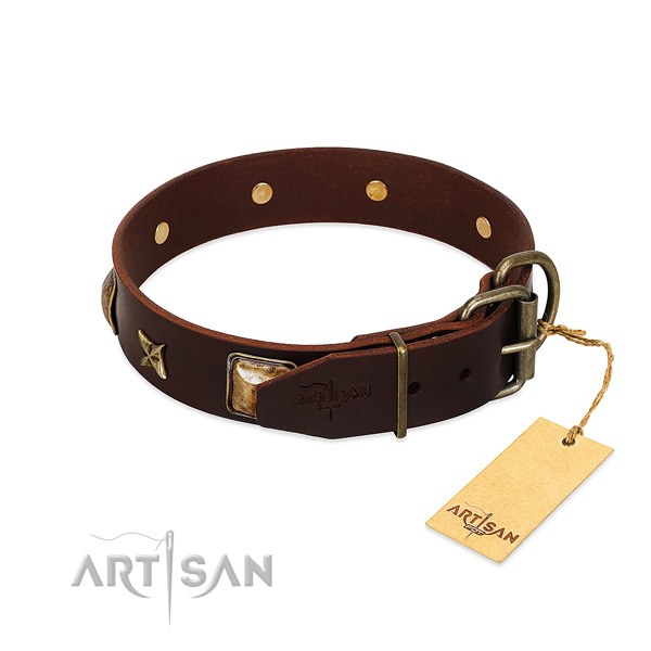 Leather dog collar with corrosion proof buckle and studs