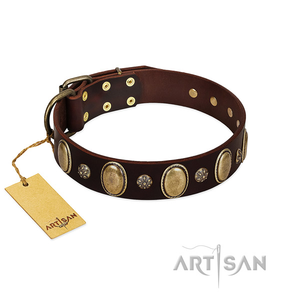 Easy wearing soft to touch natural genuine leather dog collar with embellishments