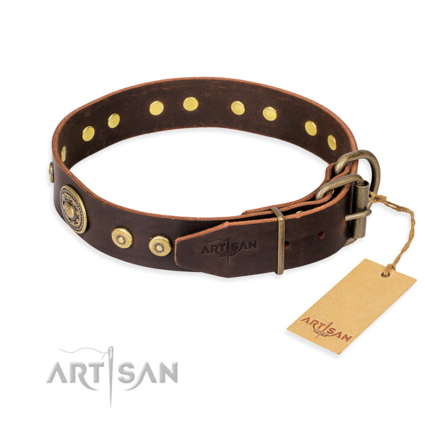 Full grain natural leather dog collar made of soft to touch material with reliable studs