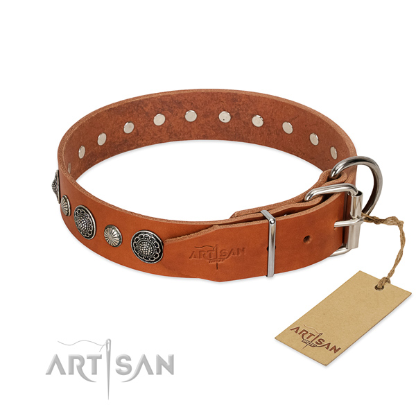 Reliable full grain genuine leather dog collar with corrosion resistant hardware