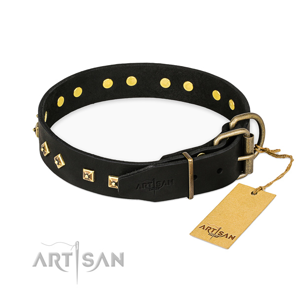 Reliable D-ring on genuine leather collar for fancy walking your four-legged friend
