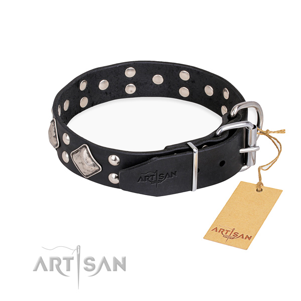 Natural leather dog collar with exquisite corrosion resistant adornments