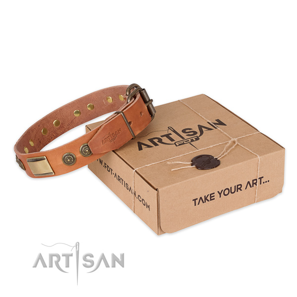 Corrosion proof hardware on natural genuine leather dog collar for comfortable wearing