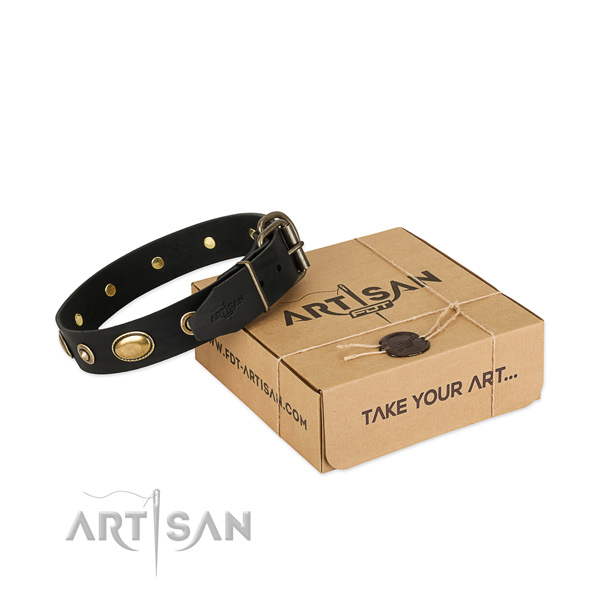 Strong traditional buckle on leather dog collar for your four-legged friend