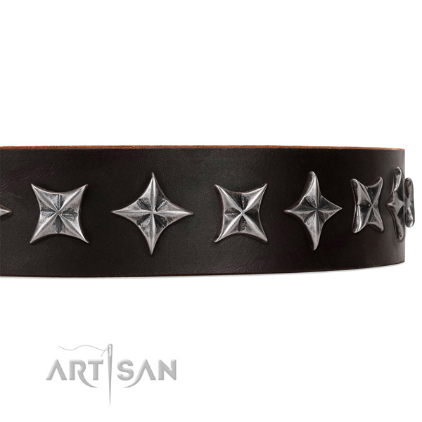 Basic training decorated dog collar of best quality natural leather
