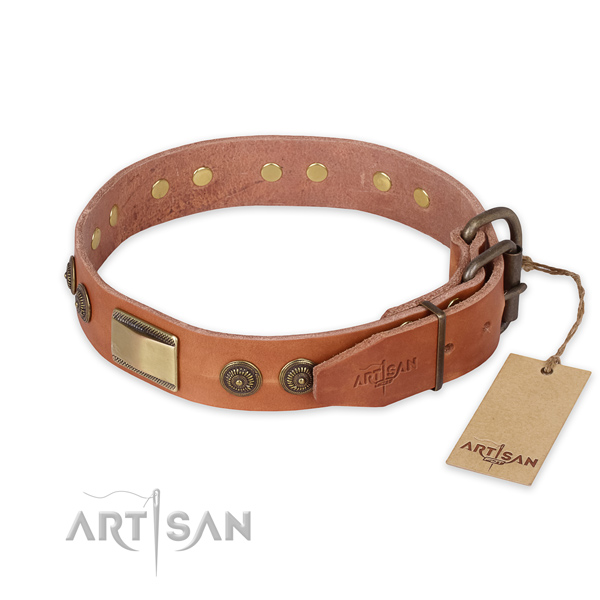 Corrosion resistant hardware on natural genuine leather collar for walking your pet