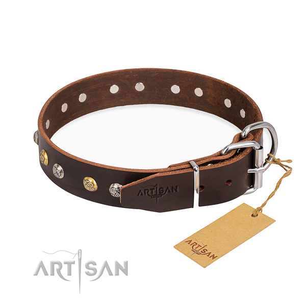 Durable full grain genuine leather dog collar handcrafted for daily walking