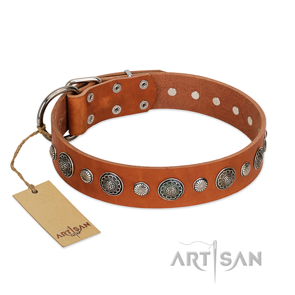 Soft to touch leather dog collar with rust-proof fittings