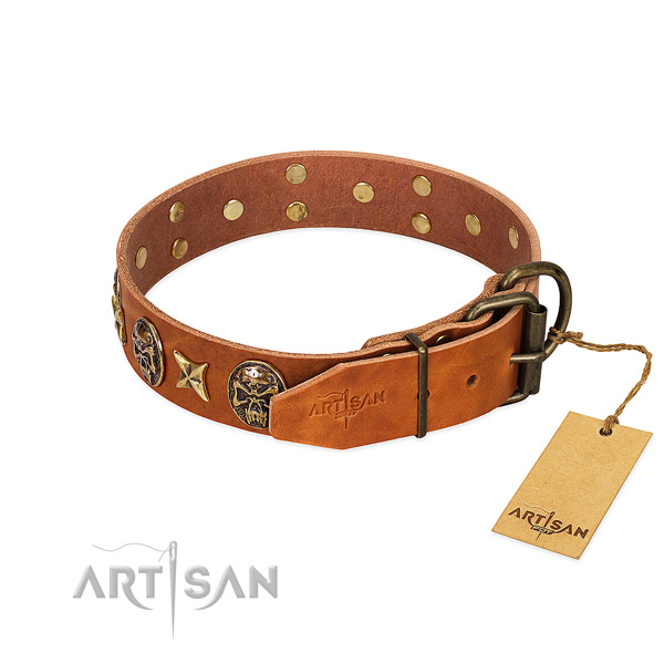 Leather dog collar with corrosion resistant traditional buckle and decorations