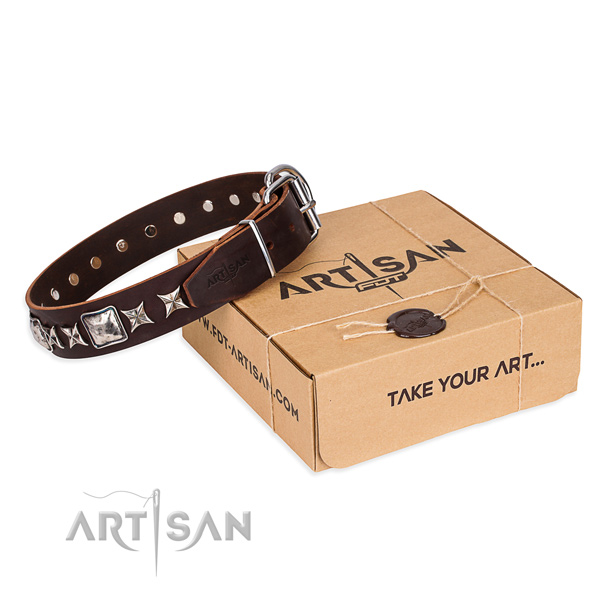 Walking dog collar of durable full grain genuine leather with embellishments