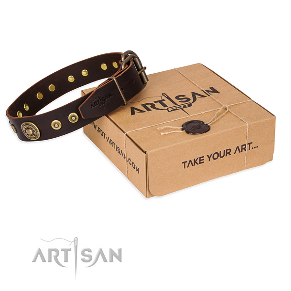 Full grain natural leather dog collar made of soft material with corrosion proof fittings