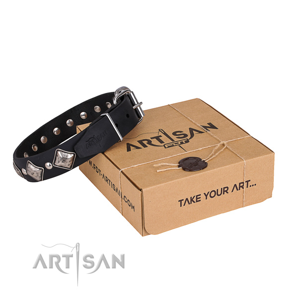 Daily use dog collar of strong genuine leather with adornments