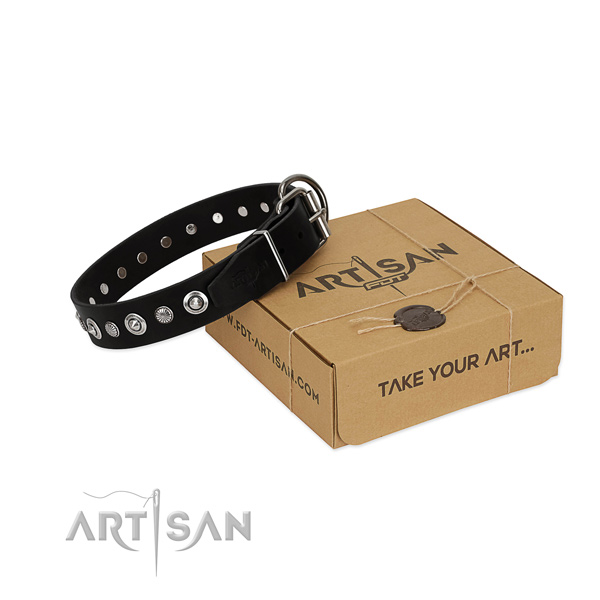 Durable leather dog collar with designer adornments