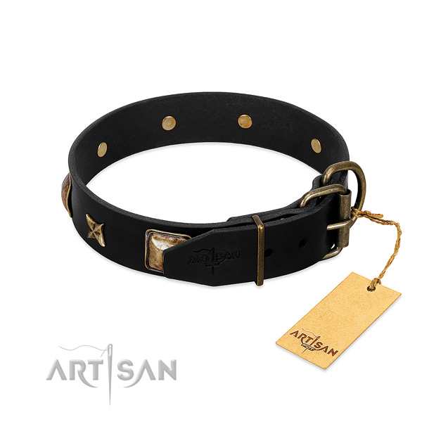 Corrosion proof D-ring on natural genuine leather collar for walking your four-legged friend