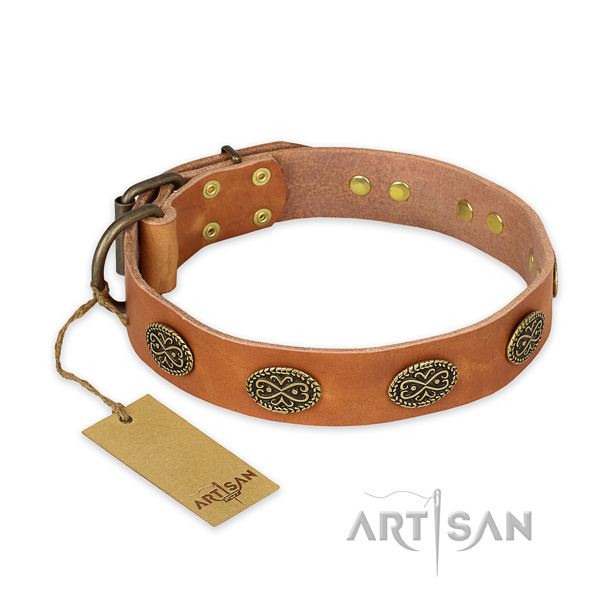 Designer full grain natural leather dog collar with corrosion resistant D-ring